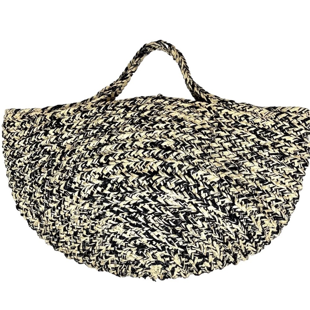 Sans Arcidet Large Raffia Straw Black & Natural Handmade Woven Wedge Tote Bag